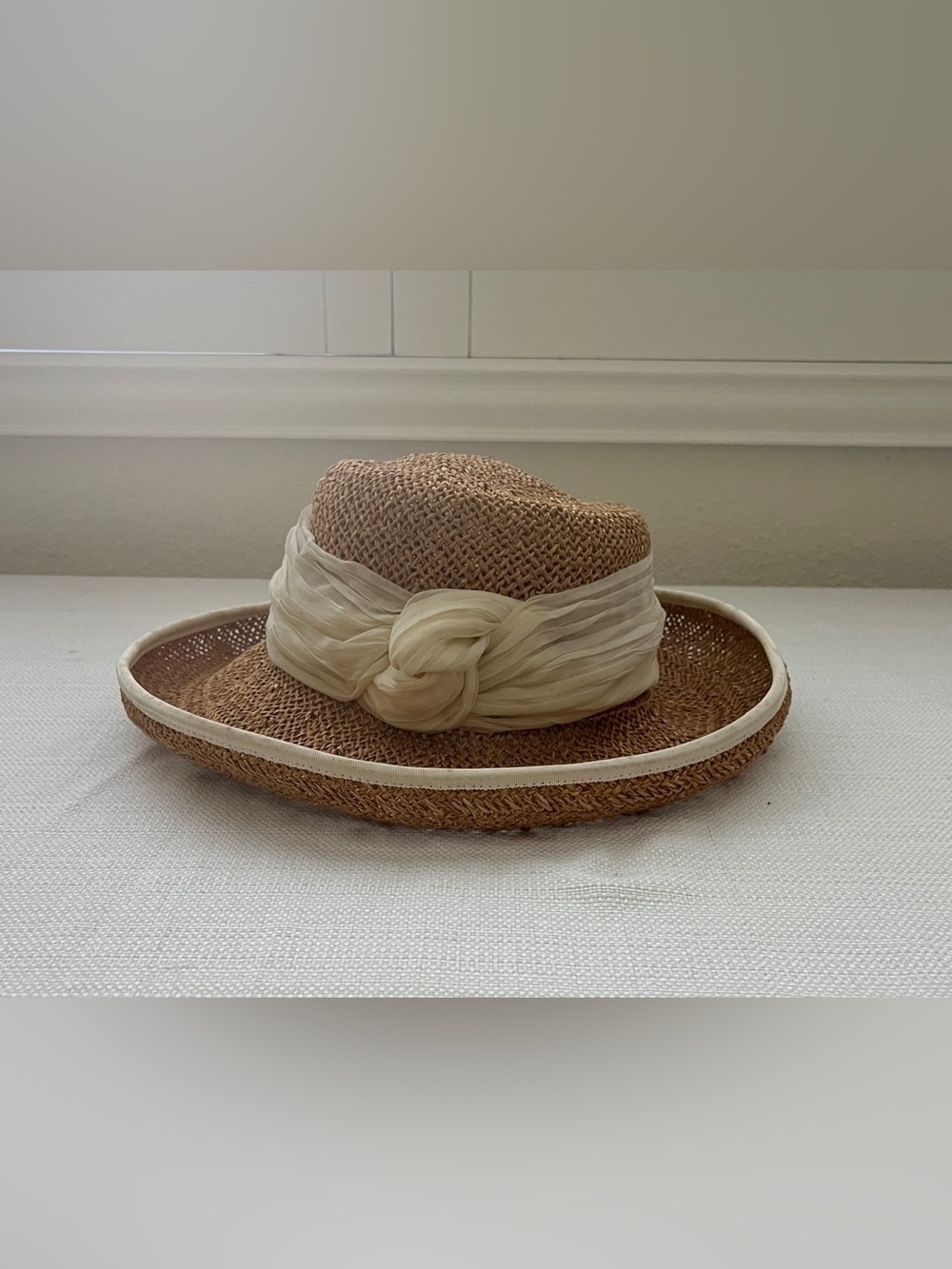 Vintage Eric Javits Woven Straw Sun Hat with Cream Chiffon Scarf Accent